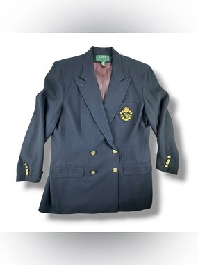 Lauren Ralph Lauren Vintage Worsted Wool Crested Blazer Size 16 Gold Buttons Nav